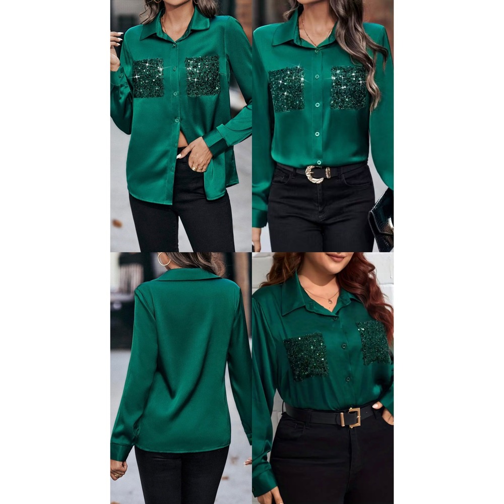 Noracora Emerald Green Satin Sequin Pocket Button Down Blouse Shirt Womens M NEW